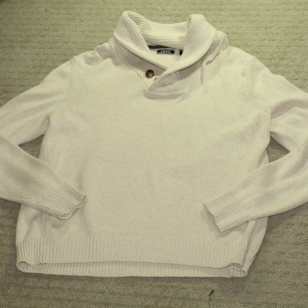 Izod Men's Size M Cream Colored Relaxed Fit Large Ribbed Collared Sweater
